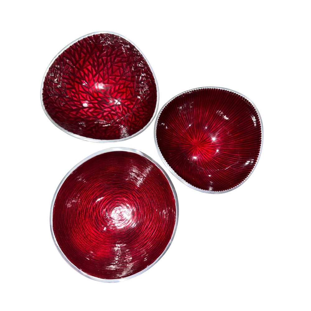 Simplydesignz Set of 3 Red Enamel Handcrafted Metal Bowls Small Nut Dishes India